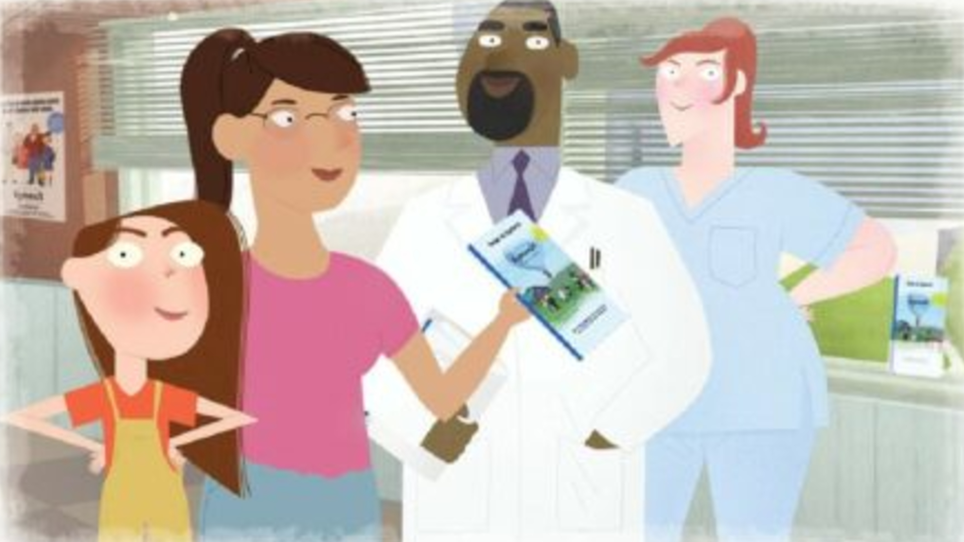 An illustration of a little girl with hands on hips, a woman with a pamphlet, a man in a doctor's coat, and a woman in scrubs with a counter and windows behind them.